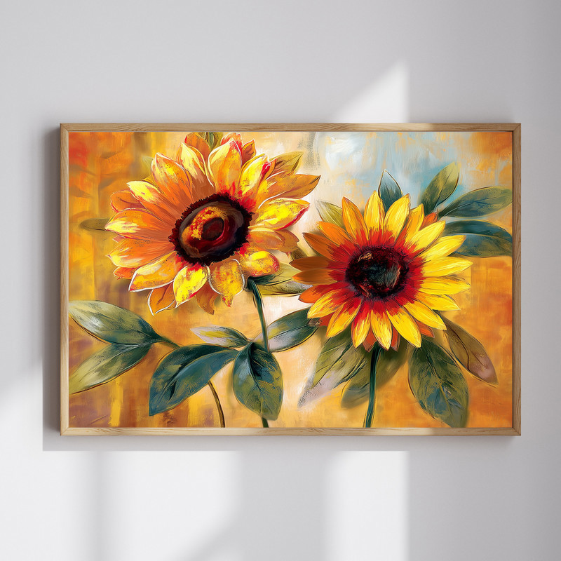 Rustic sunflowers in full bloom canvas wall art, warm golden petals and textured brushstrokes on a farmhouse backdrop | Family Wall Decor