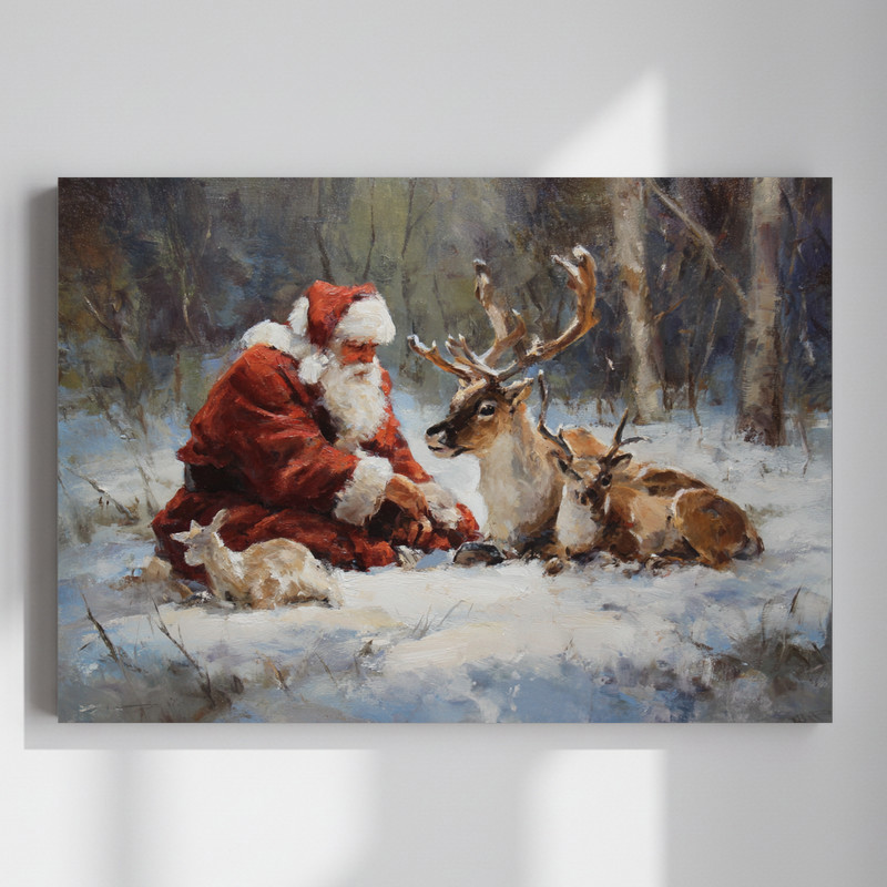 Santa with animals canvas wall art, whimsical rustic holiday scene for living room decor with woodland friends | Family Wall Decor