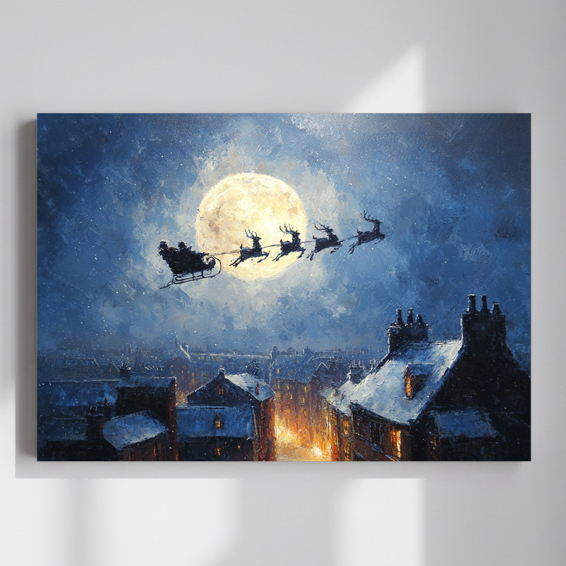 Classic Christmas Santa’s sleigh and reindeer canvas wall art, night sky silhouette with full moon, festive living room decor | Family Wall Decor