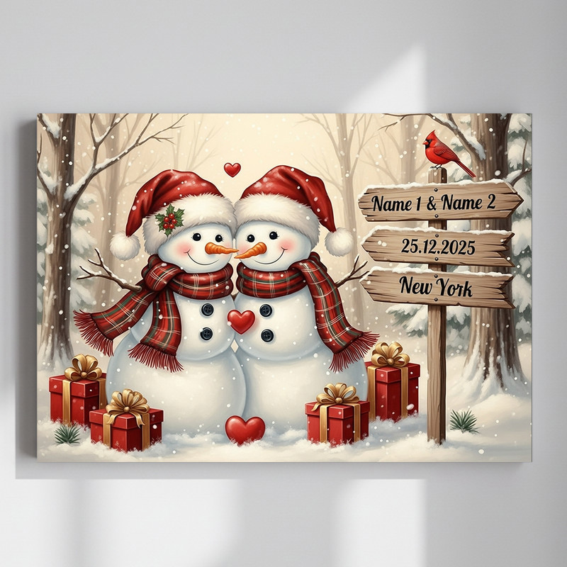 Snowman couple rustic Christmas canvas wall art with plaid scarves, snowy pines, and twinkling lights, for living rooms Snowman couple rustic Christmas canvas wall art with plaid scarves, snowy pines, and twinkling lights, for living rooms