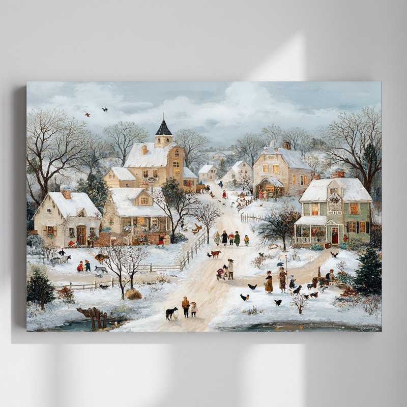 Snowy village with farm animals canvas wall art for country rustic living room decor, winter countryside scene on canvas | Family Wall Decor