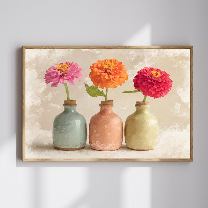 Soft pastel zinnias canvas wall art in a ceramic vase, watercolor botanical painting, portrait format for serene living room | Family Wall Decor