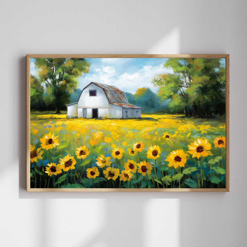 Sunlit barn and sunflowers canvas wall art, rustic red barn over golden field under blue sky, landscape farmhouse decor | Family Wall Decor