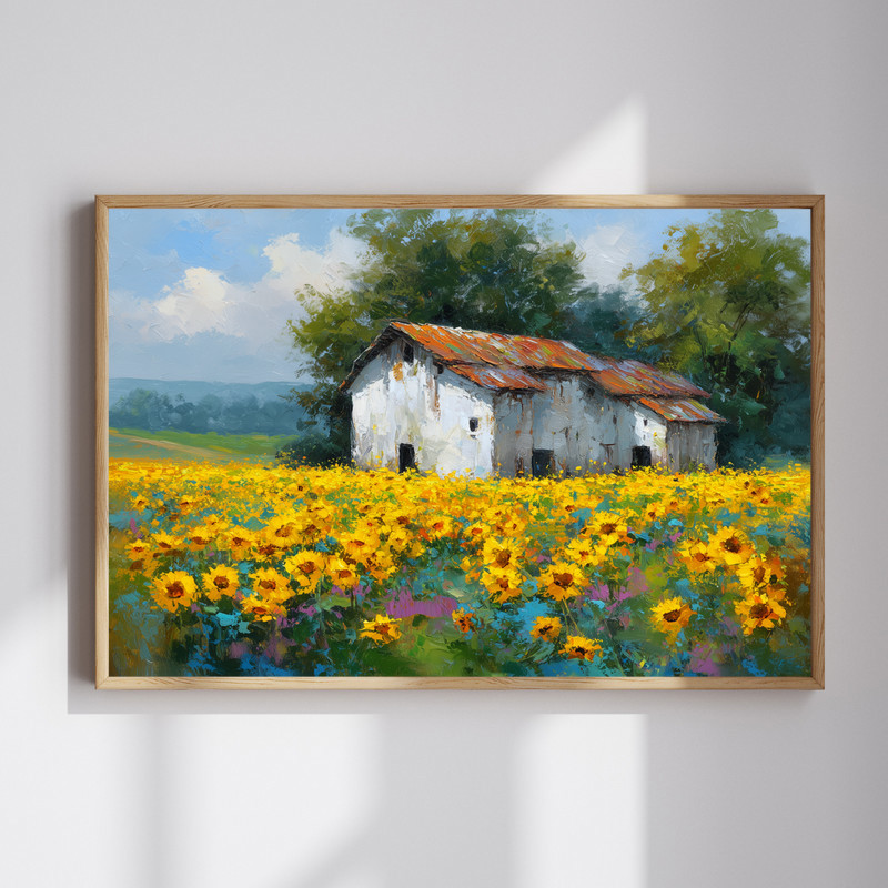 Sunlit barn and sunflowers canvas wall art, rustic wooden barn at golden hour above a wide, blooming sunflower field | Family Wall Decor