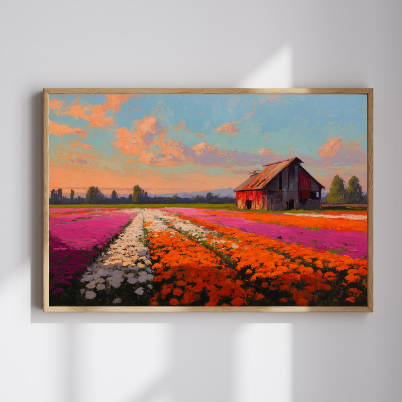 Sunset over chrysanthemum fields canvas wall art, panoramic landscape in warm golden hues for rustic farmhouse living rooms | Family Wall Decor