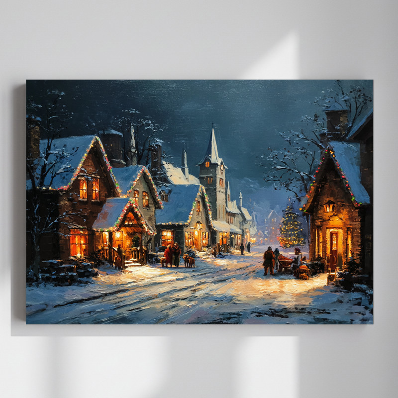 The Night Before Christmas canvas wall art featuring a cozy living room, glowing tree, stockings, and hearth, landscape style The Night Before Christmas canvas wall art featuring a cozy living room, glowing tree, stockings, and hearth, landscape style
