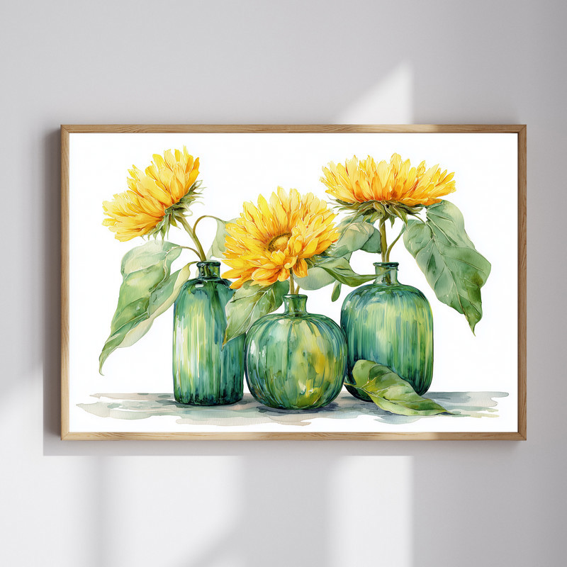 Sunflower trio canvas wall art with three blooming yellow heads and green leaves on a neutral background, textured style | Family Wall Decor