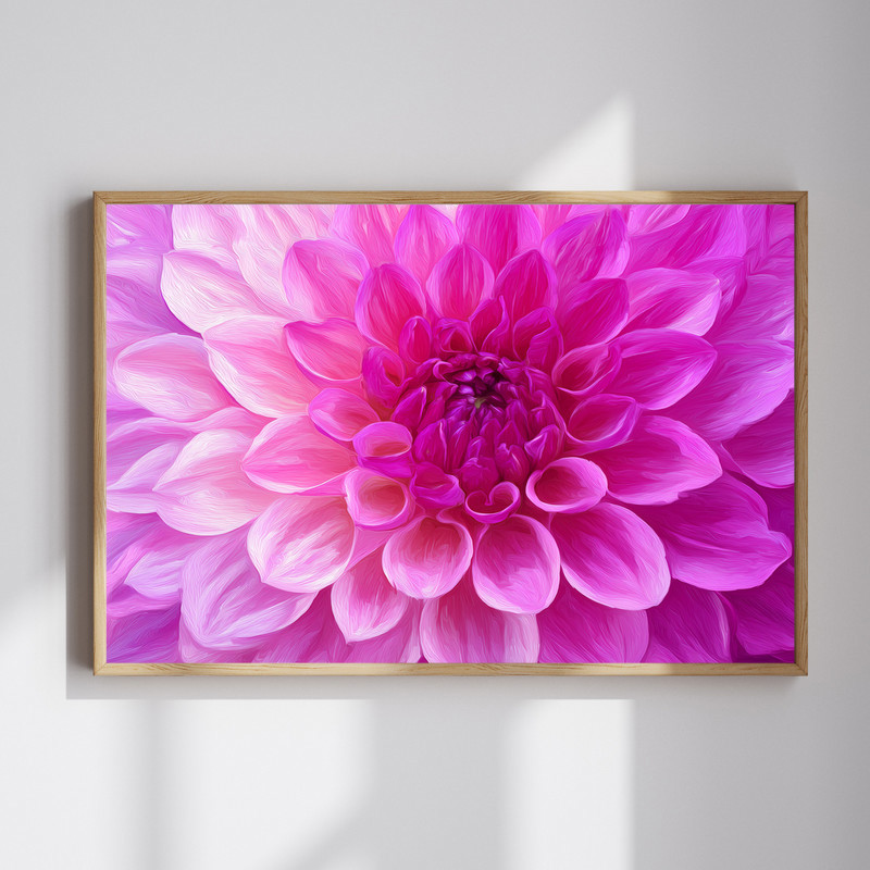 Vibrant pink dahlia canvas wall art, macro digital painting of layered petals and vivid center, portrait for living room | Family Wall Decor