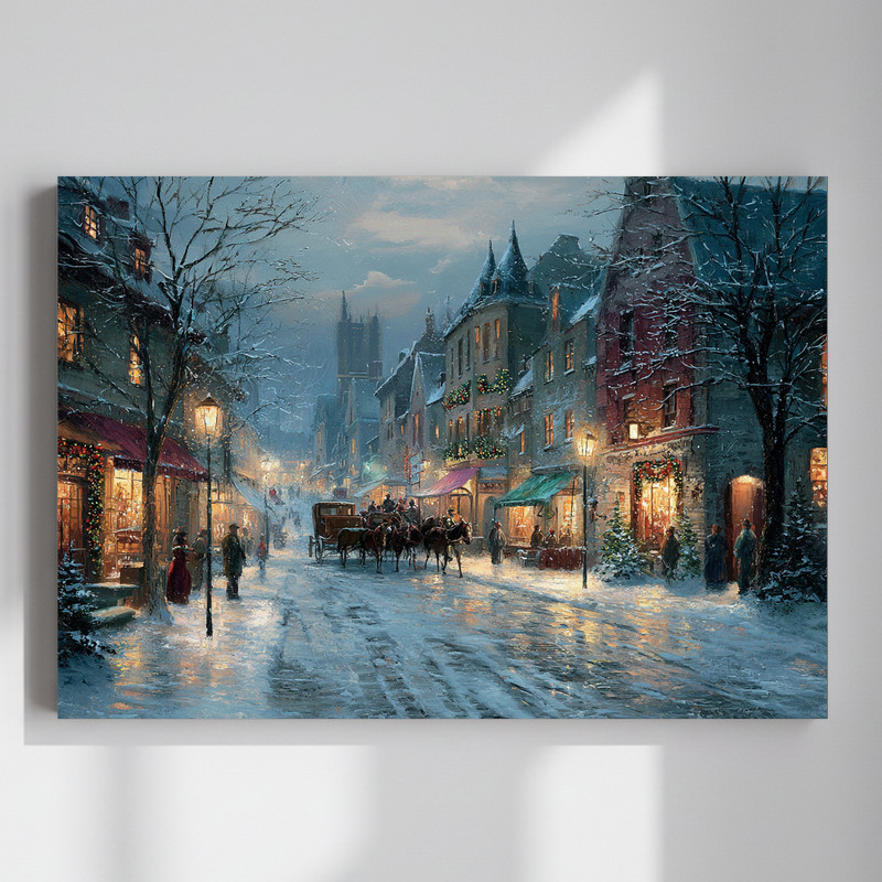 Victorian Christmas Village canvas wall art with snowy cobblestone streets and warm lamplight, perfect for cozy living rooms | Family Wall Decor