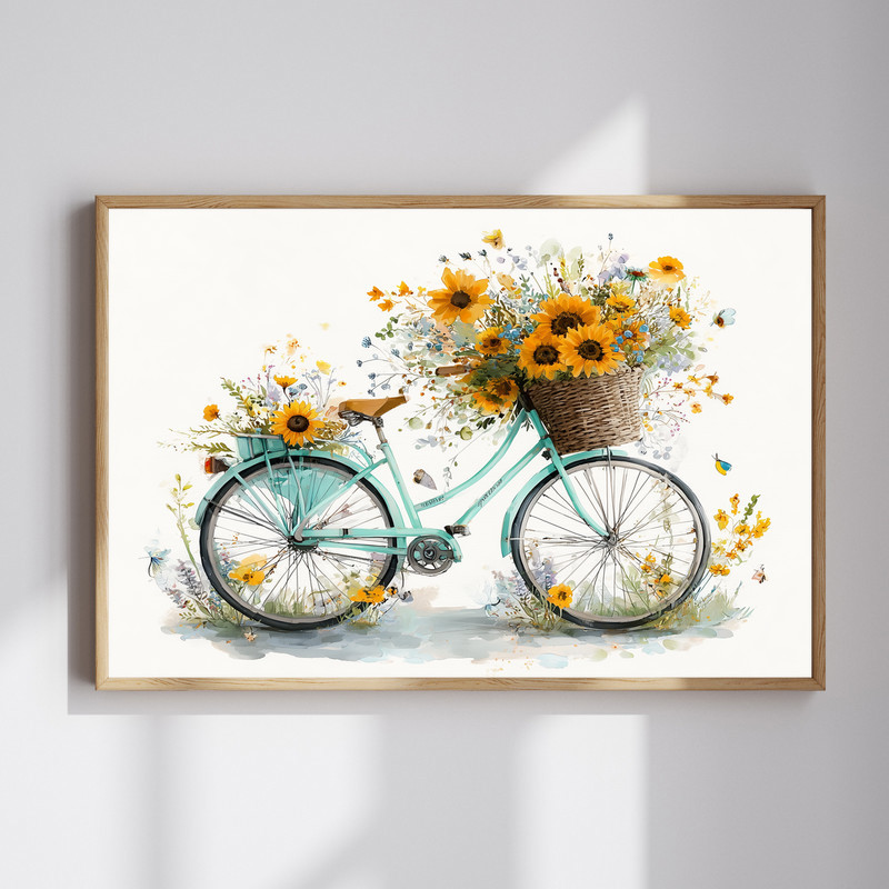 Vintage bicycle with sunflower basket canvas wall art, rustic farmhouse print adding warm floral charm to living room decor | Family Wall Decor