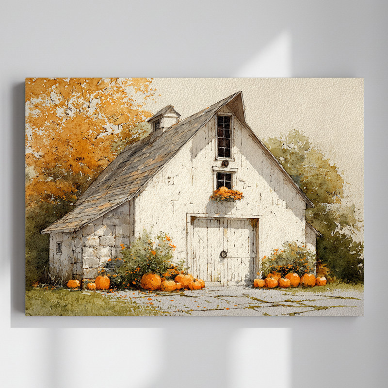 Watercolor pumpkin barn canvas wall art in rustic farmhouse style, landscape, warm autumn palette for living room decor | Familywalldecor