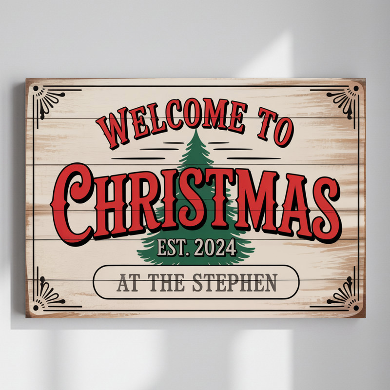 Welcome Christmas canvas wall art with evergreen wreath and script on white shiplap, horizontal, farmhouse living room decor