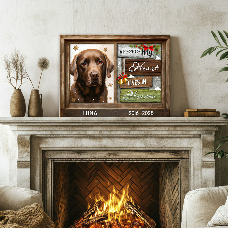 Pet memorial canvas, “A Piece Of My Heart Lives In Heaven”, custom pet name, landscape layout