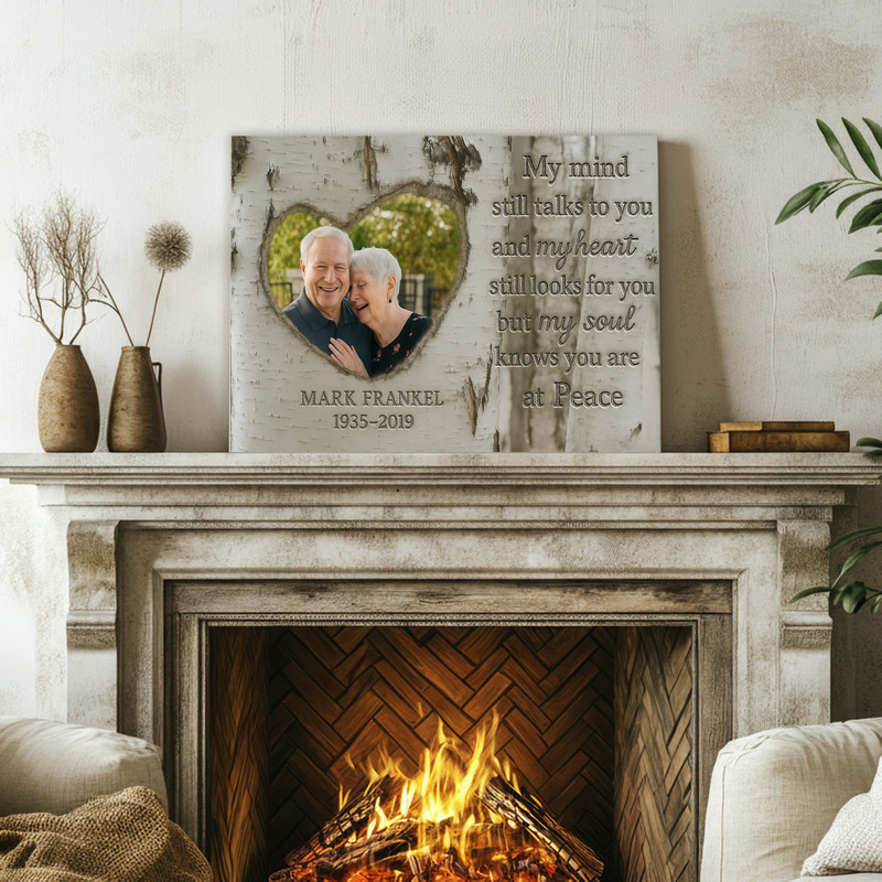 Memorial canvas wall art for husband remembrance, Forever in My Heart text on rustic wood with white roses; horizontal