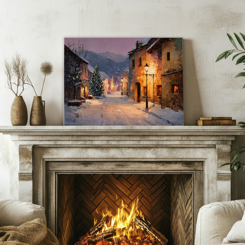 Peaceful snowy street canvas wall art with rustic farmhouse feel, ideal for living room holiday decor in neutral tones.