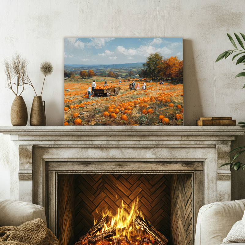 Autumn farmhouse canvas wall art featuring pumpkins and soft textures in muted earth tones for inviting living room decor