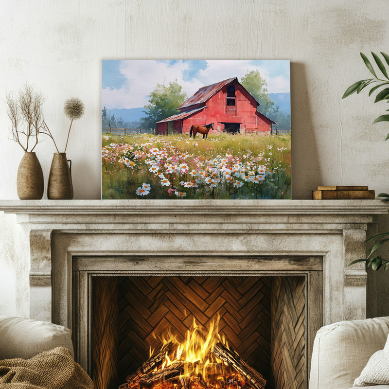 Red barn meadow with asters and horse canvas wall art, watercolor farmhouse decor for kitchen or dining, rustic feel