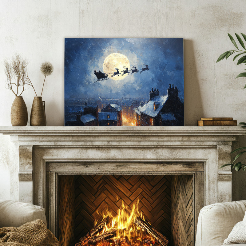 Classic Christmas Santa’s sleigh and reindeer canvas wall art in moonlit night sky, vintage style for holiday living rooms