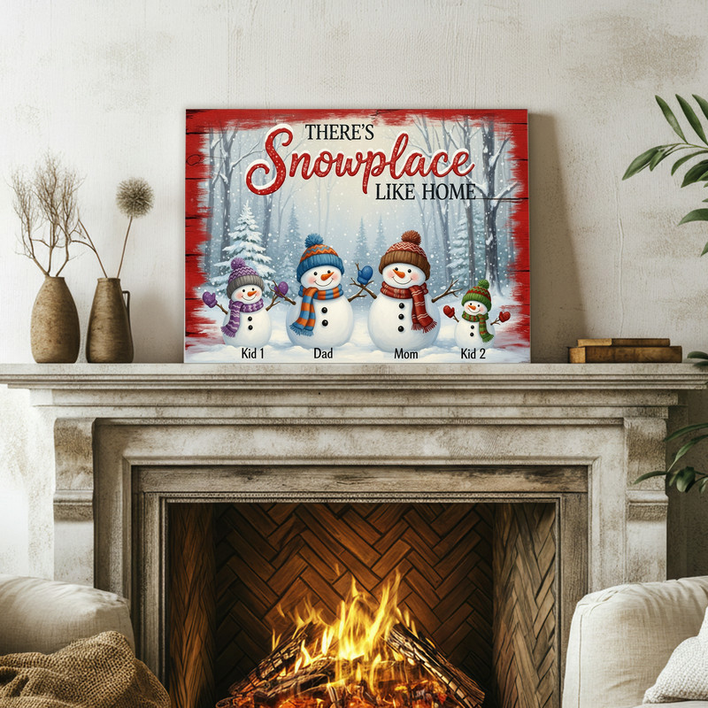 Snow Place Like Home canvas wall art, horizontal, neutral tones, farmhouse winter living room decor with snowflake accents
