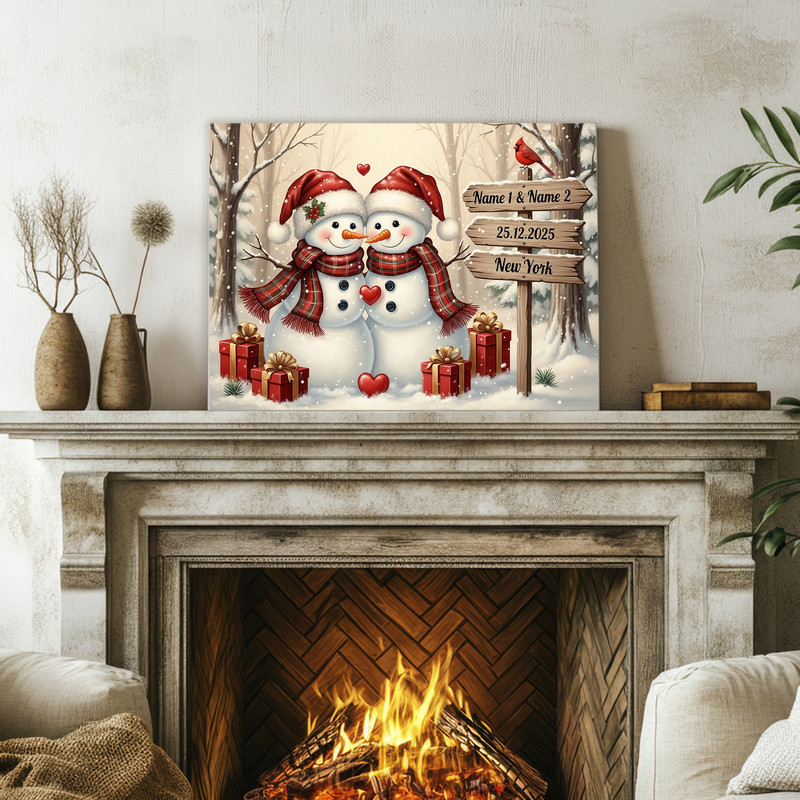 Snowman couple rustic Christmas canvas wall art, horizontal, farmhouse style on distressed wood backdrop with falling snow Snowman couple rustic Christmas canvas wall art, horizontal, farmhouse style on distressed wood backdrop with falling snow