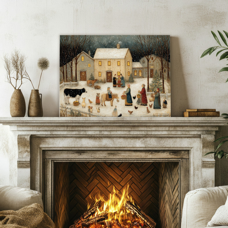 Snowy farmyard scene canvas wall art with weathered barn and frosted fence, rustic style for winter living room decor