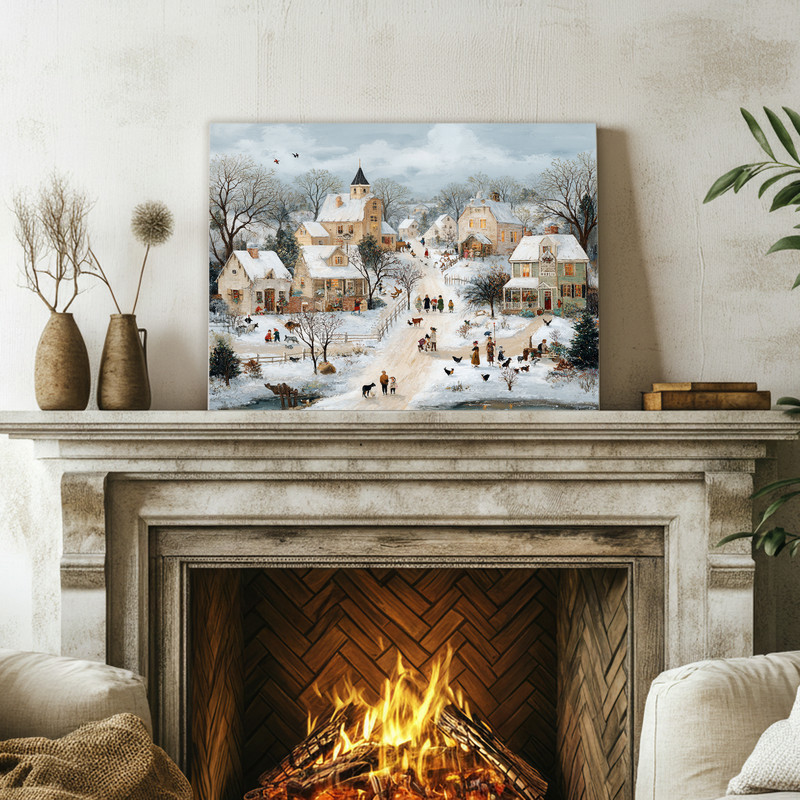 Snowy village with farm animals canvas wall art, rustic farmhouse style living room decor, cozy winter country landscape