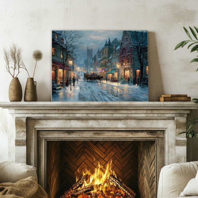 Victorian Christmas Village canvas wall art, horizontal scene with horse-drawn carriage, twinkling shop windows, dusk sky