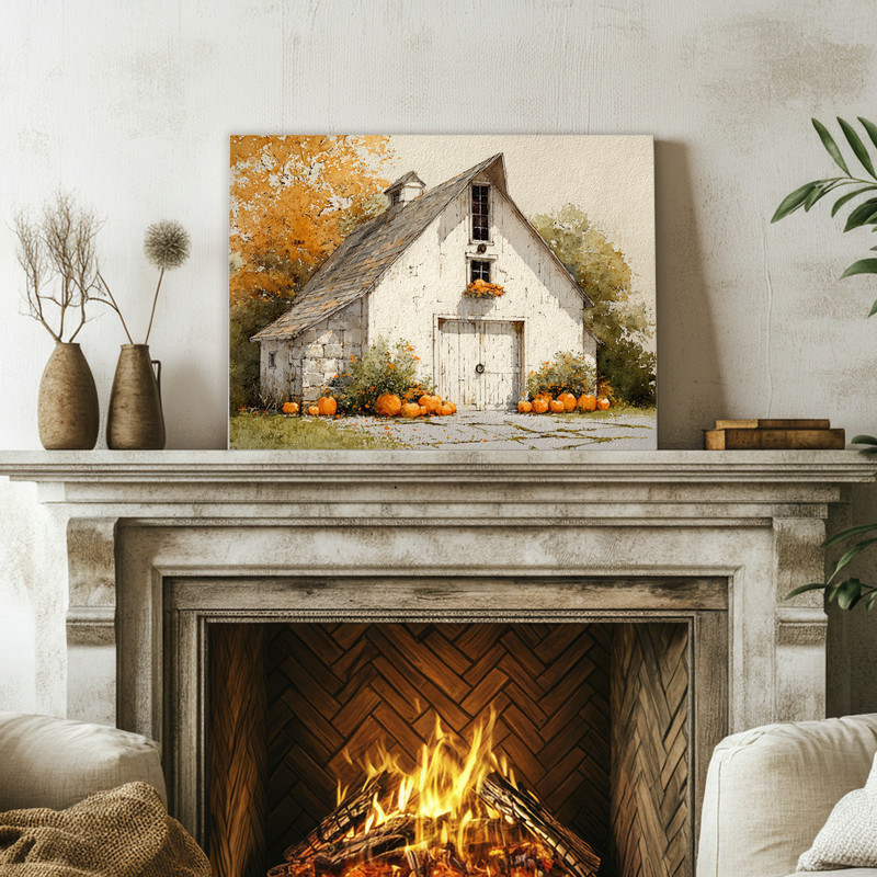 Watercolor pumpkin barn canvas wall art with muted neutrals, square format, cozy fall accent for living room decor