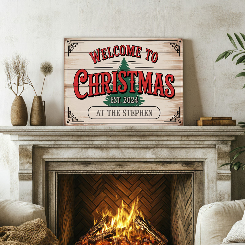 Welcome Christmas canvas wall art, buffalo plaid red accents and holly on rustic wood, vertical, cozy farmhouse living room wall decor