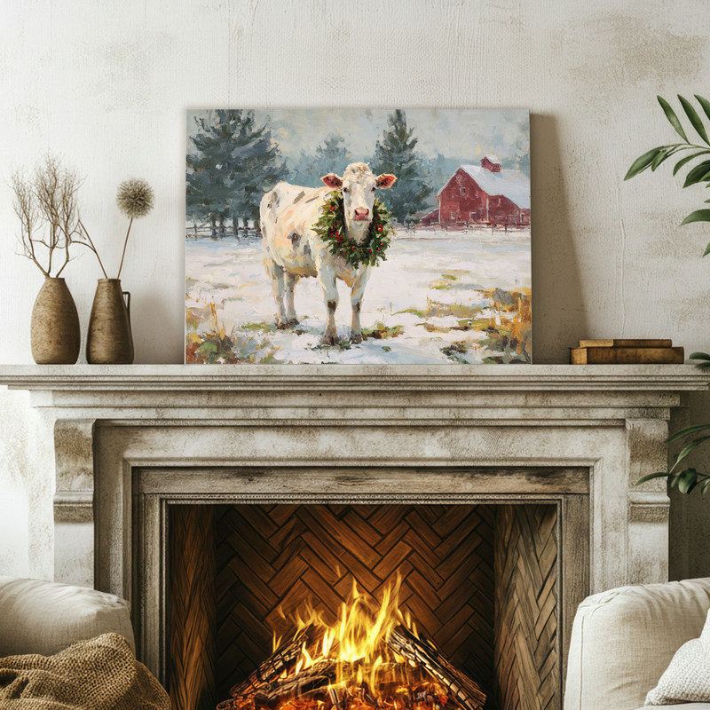 white cow with festive green wreath canvas wall art, portrait orientation, farmhouse style for holiday living room decor
