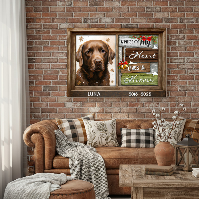 Pet memorial canvas, “A Piece Of My Heart Lives In Heaven”, custom name, minimal black and white