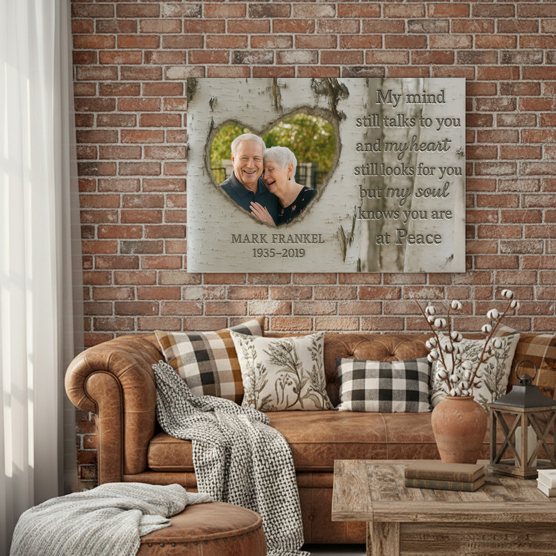 Memorial canvas wall art for husband, black and white typography reading Forever in My Heart; square format layout