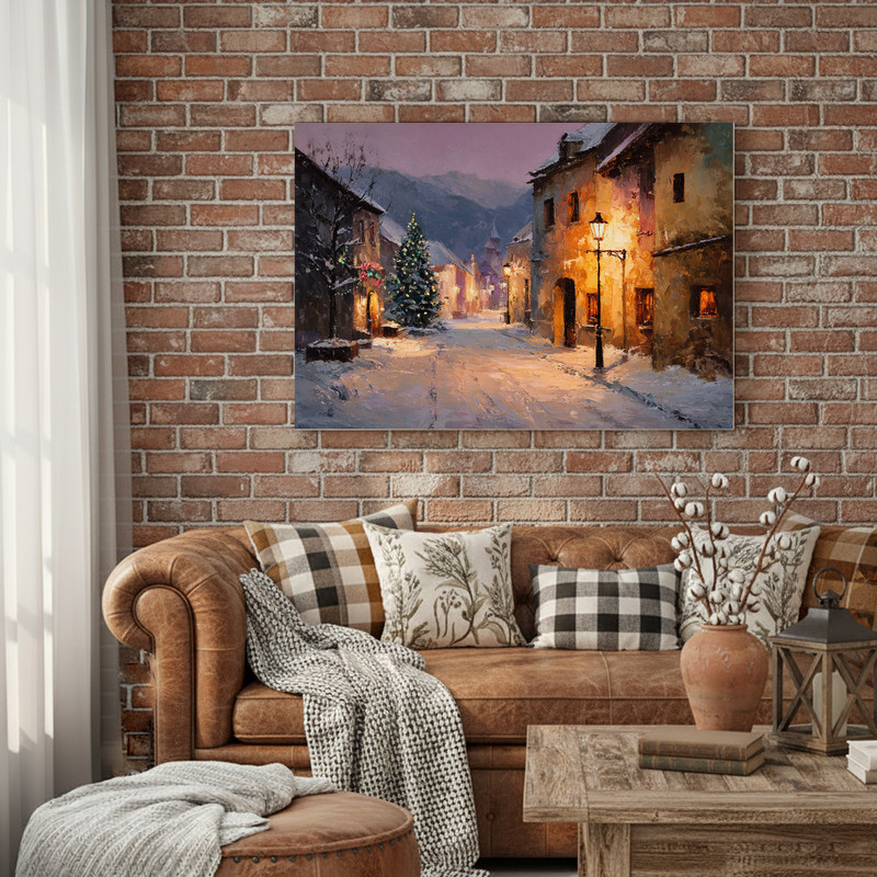 Peaceful snowy street canvas wall art, rustic holiday accent for living room walls, featuring a muted winter palette.