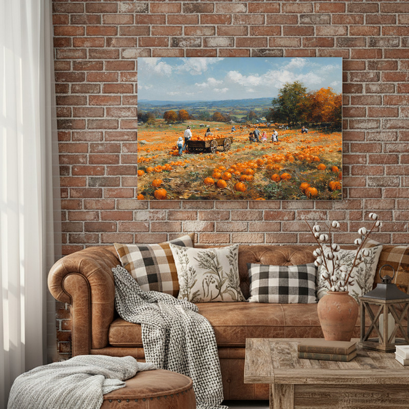 Cozy pumpkin harvest canvas wall art, rustic farmhouse accent with rich orange highlights ideal for seasonal living room decor