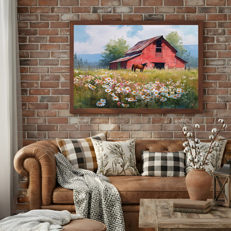Red barn meadow with asters and horse canvas wall art, watercolor farmhouse decor, muted earth tones, landscape orientation