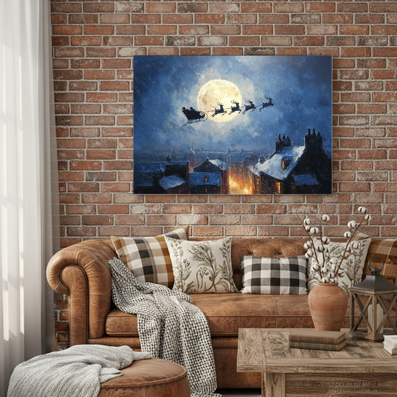 Classic Christmas Santa’s sleigh and reindeer canvas wall art, silhouette flying over snowy village under starry winter sky