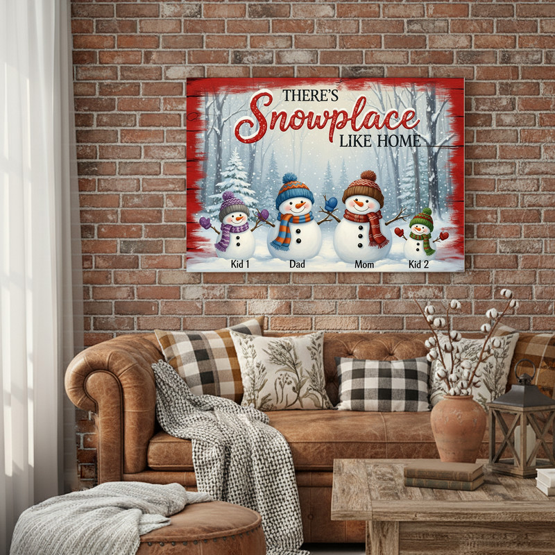 Snow Place Like Home canvas wall art, vertical typography design with snowflake motif for modern winter living room decor
