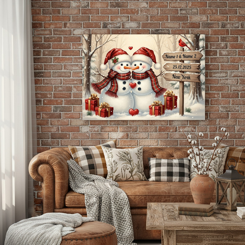 Snowman couple rustic Christmas canvas wall art, vertical design with wreath and lantern, cozy neutrals for living decor Snowman couple rustic Christmas canvas wall art, vertical design with wreath and lantern, cozy neutrals for living decor