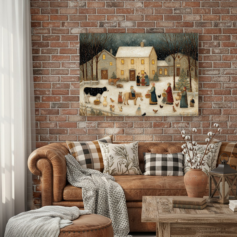 Snowy farmyard scene canvas wall art, rustic farmhouse landscape of barn, trees, and snowdrifts to warm a winter living room