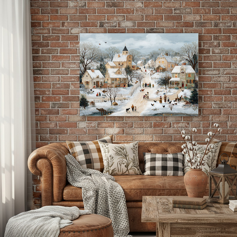 Snowy village with farm animals canvas wall art adds country rustic charm to living room decor, serene winter rural scene