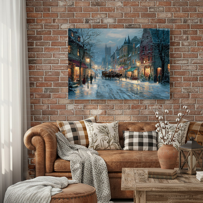 Victorian Christmas Village canvas wall art, portrait of carolers by lit tree and church steeple in vintage holiday tones