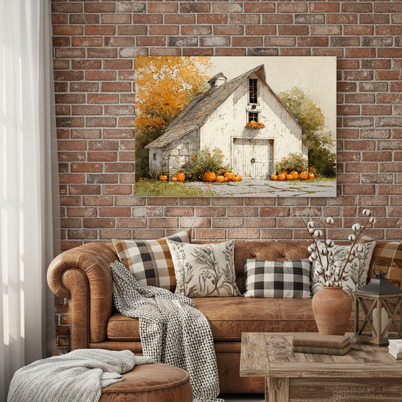 Watercolor pumpkin barn canvas wall art, wide scene with pumpkins and landscape, warm earth tones for living room decor