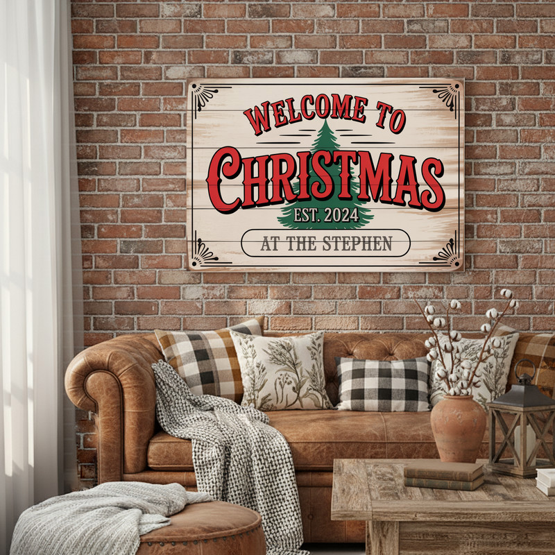 Welcome Christmas canvas wall art in neutral black script over weathered shiplap, square format, modern farmhouse living room styling