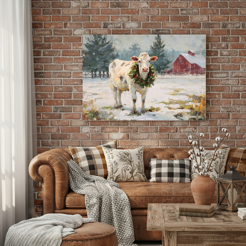 white cow wearing green wreath canvas wall art, close-up portrait, rustic farmhouse decor in neutral palette for living room