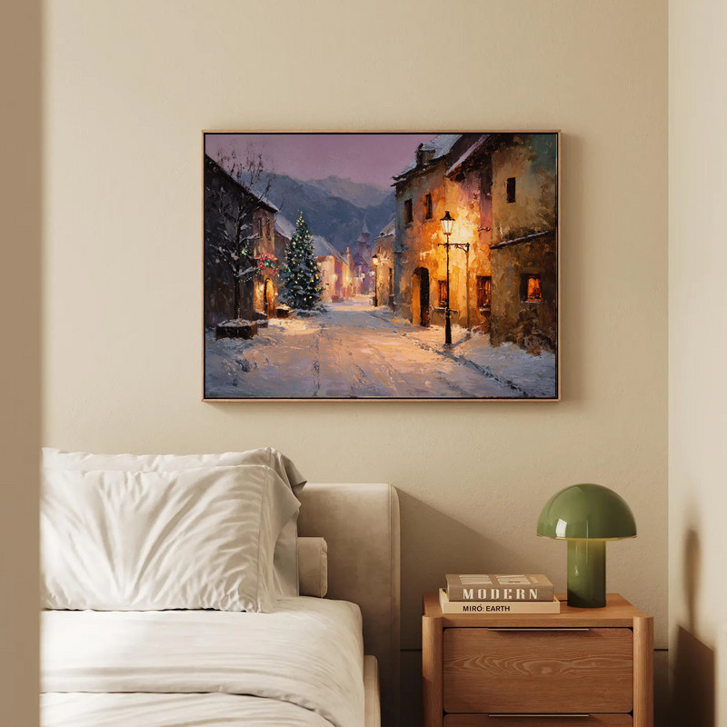 Peaceful snowy street canvas wall art brings rustic holiday warmth to living room decor with a tranquil winter street scene.