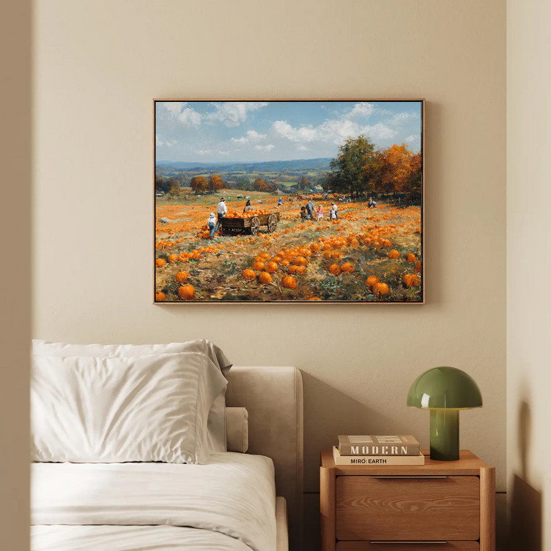 Pumpkin harvest canvas wall art with neutral farmhouse palette and subtle texture, styled for cozy autumn living room decor