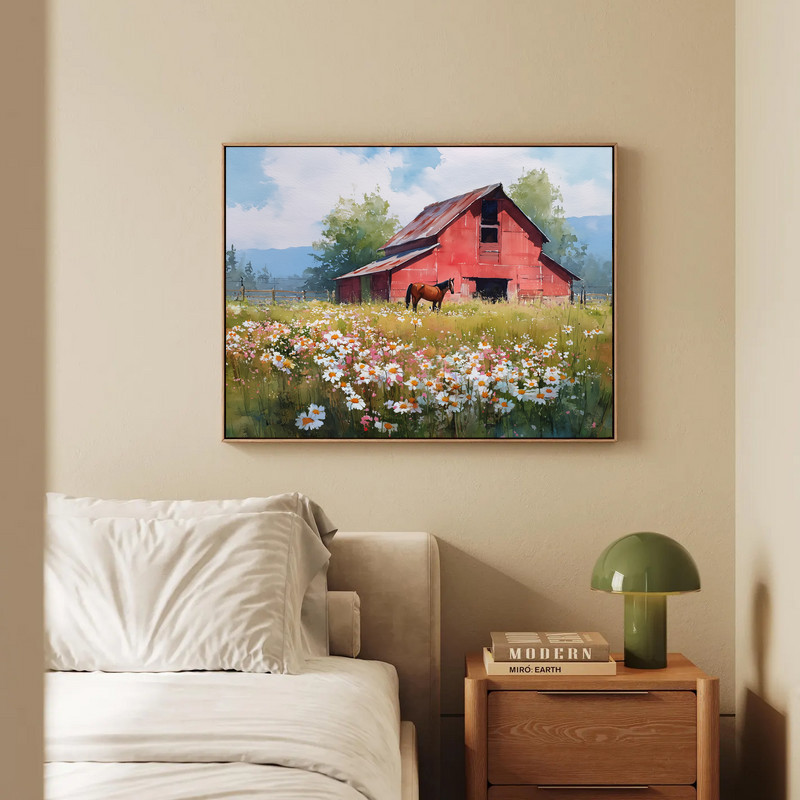 Red barn meadow with asters and horse canvas wall art, soft watercolor farmhouse style, autumn wildflowers, landscape format
