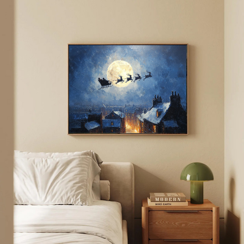 Classic Christmas Santa’s sleigh and reindeer canvas wall art, minimalist silhouette on deep navy sky, elegant seasonal decor