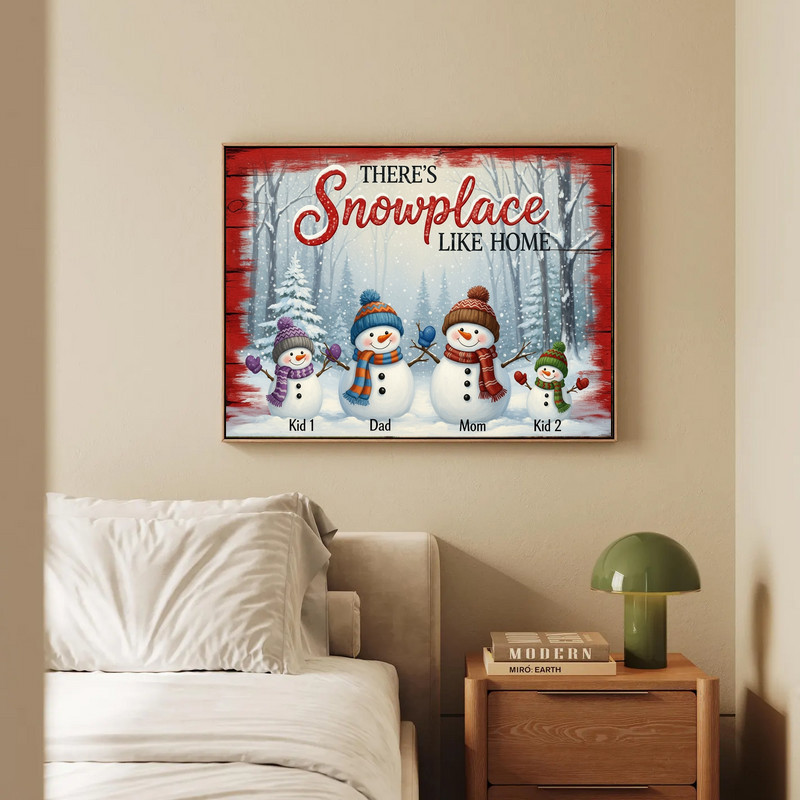 Snow Place Like Home canvas wall art adds cozy cabin winter charm to living room decor, punny touch with snowflake accents