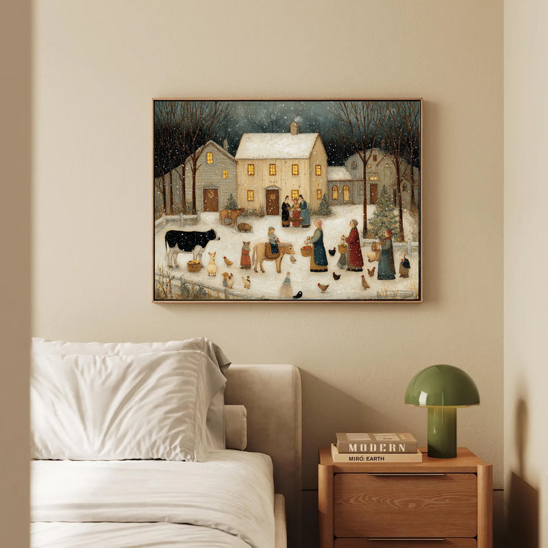 Snowy farmyard scene canvas wall art highlighting vintage barn, treeline, and snowfall for farmhouse living room decor